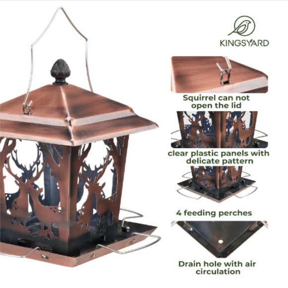 Copper Color Lantern Style Bird Feeder for Outdoors - Wild Bird Hopper Feeder - Picture 4 of 9